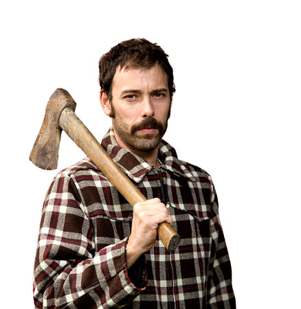 portrait of a woodcutter isolated on whiteの写真素材