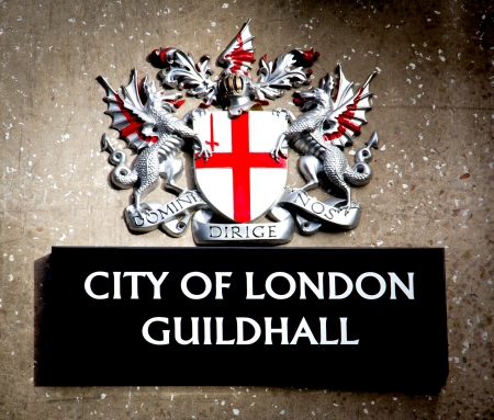 Sign of the city of London with dragons and shieldのeditorial素材