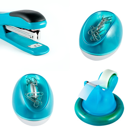 blue office supplies isolated on whiteの写真素材