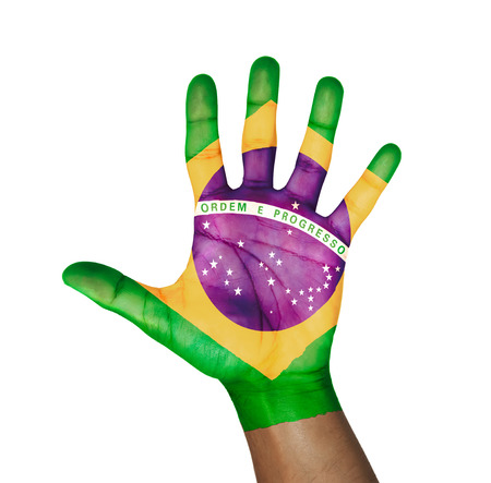 open hand with Brazil flag painted isolated on whiteの写真素材