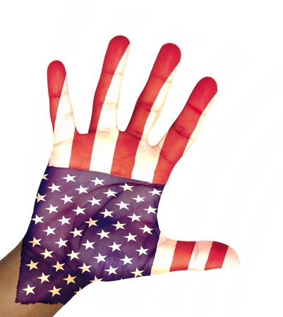 open hand with EEUU flag painted isolated on whiteの写真素材