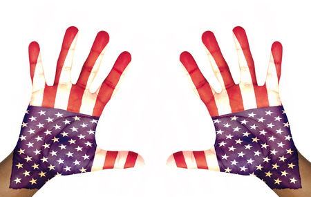 open hands with EEUU flag painted isolated on whiteの写真素材