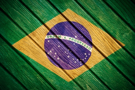Brazilian flag painted on old woodの写真素材