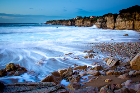 View of a rocky coast in the sunsetの写真素材