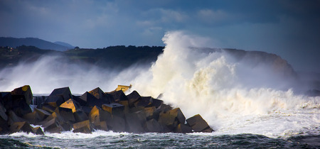 View of a breakwater in rough seasの写真素材