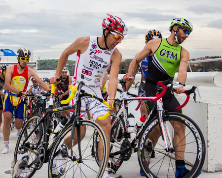 AVILES, SPAIN - APRIL May 2014: Participants in the National Duathlon Championships held in the city of Aviles, Spain, on Saturday, April 5, 2014.のeditorial素材