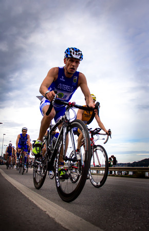 AVILES, SPAIN - APRIL May 2014: Participants in the National Duathlon Championships held in the city of Aviles, Spain, on Saturday, April 5, 2014.のeditorial素材