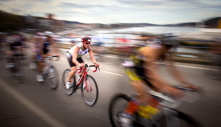 AVILES, SPAIN - APRIL May 2014: Participants in the National Duathlon Championships held in the city of Aviles, Spain, on Saturday, April 5, 2014.のeditorial素材