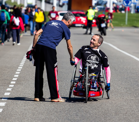 GIJON, SPAIN - MAY 2014: Participants in the annual half marathon in the city of Gijon, Spain, on Saturday, May 3, 2014.のeditorial素材