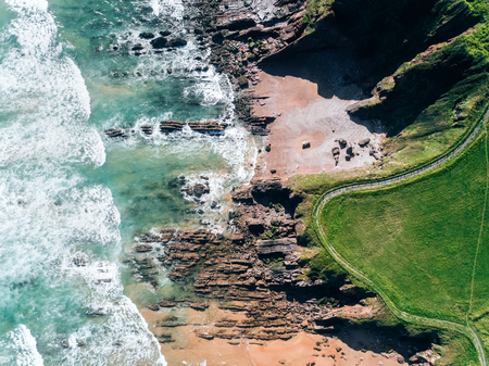 Aerial view of a rocky beach in Asturias, northern Spainの写真素材