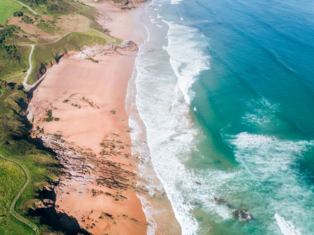 Aerial view of a rocky beach in Asturias, northern Spainの写真素材
