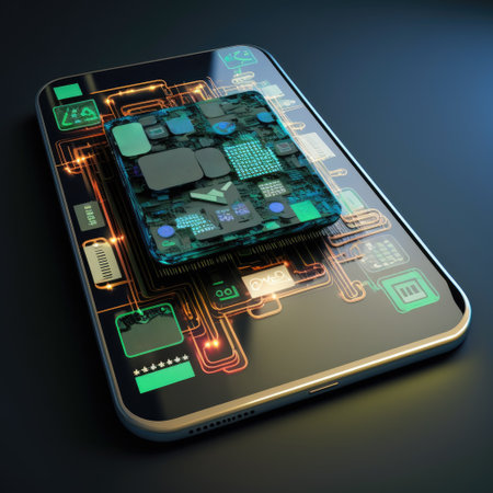 Modern smartphone with 3D circuitry and connections. Generative AIの素材