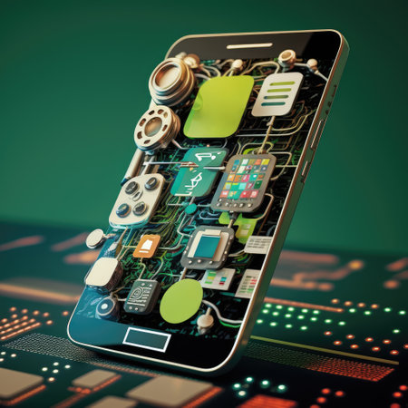 Modern smartphone with 3D circuitry and connections. Generative AIの素材