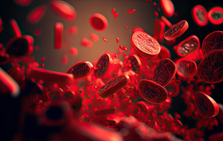 Microscopic view of blood plasma flowing through arteries and veins. Generative AIの素材
