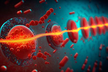 Microscopic view of blood plasma flowing through arteries and veins. Generative AIの素材