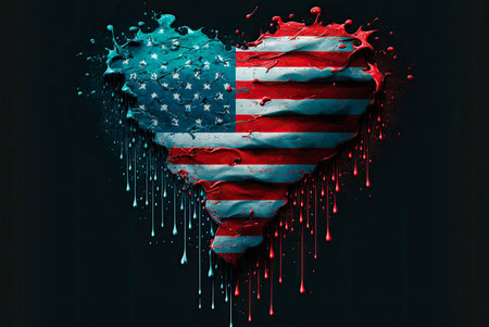 American flag in the shape of a heart made of splashes and drops of blood.の素材