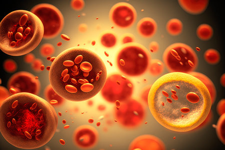 Microscopic view of blood plasma flowing through arteries and veins. Generative AIの素材