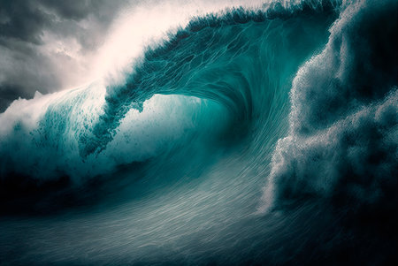 Aerial view of turquoise water of ocean waves with foam crashing on stormy day. Generative AIの素材