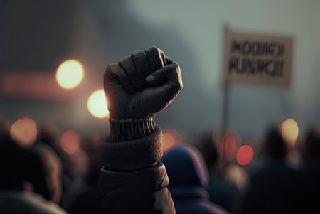 Fists raised at a demonstration. Generative AIの素材