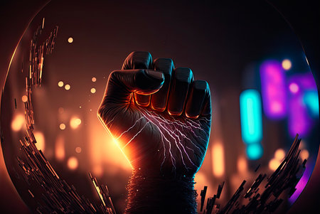 Fists raised at a demonstration. Generative AIの素材