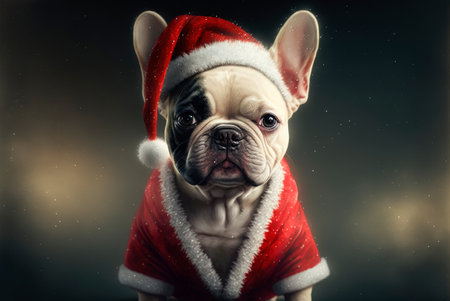 Portrait of a french bulldog dressed as Santa Claus. Generative AIの素材