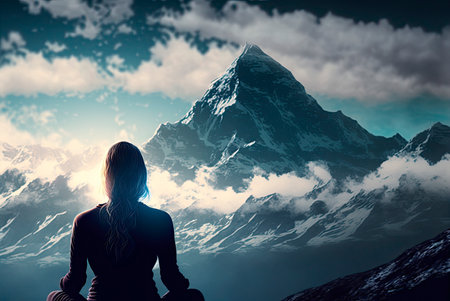 Unrecognizable woman meditating in a natural landscape at sunset. Yoga concept. Generative AIの素材