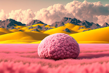 Landscape of hills and grassy fields. Cotton clouds in the sky. Rounded central object with soft texture. Generative AIの素材