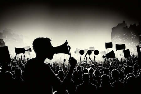 Silhouette of a man speaking through a loudspeaker at a demonstration. Generative AIの素材