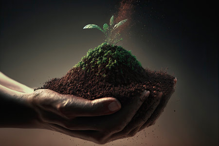 Man holding a mound of soil with his hands from which a small plant is sprouting. Generative AIの素材
