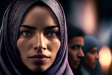 Portrait of a Muslim woman claiming her rights. Photorealistic illustration. Generative AIの素材