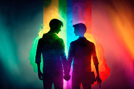 Couple of unrecognizable guys with their backs to each other and holding hands. With the LGBT flag in the background. Generative AIの素材