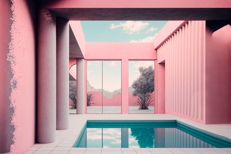 Fictitious futuristic construction. Concrete walls and floors and different decorative architectural elements. Swimming pool integrated in which reflect different elements. Generative AIの素材