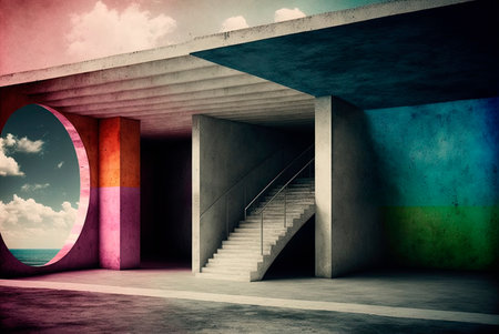 Fictitious futuristic construction. Multicolored concrete walls and floors and different decorative architectural elements.. Generative AIの素材