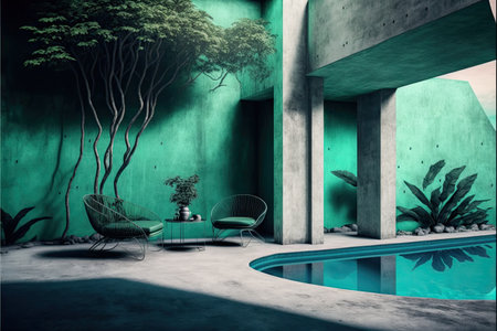Swimming pool in green villa interior. 3D Renderingの素材