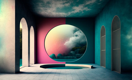 Fictitious futuristic construction. Multicolored concrete walls and floors and different decorative architectural elements. Swimming pool integrated in which reflect different elements. Generative AIの素材