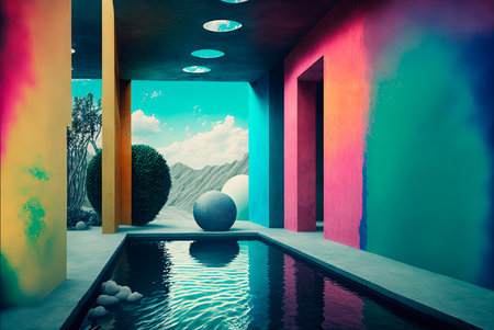 Fictitious futuristic construction. Multicolored concrete walls and floors and different decorative architectural elements. Swimming pool integrated in which reflect different elements. Generative AIの素材