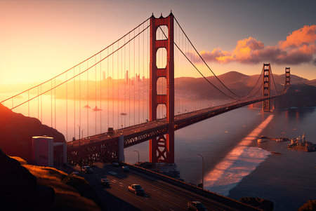 Golden Gate, San Francisco, at sunset. Generative AIの素材