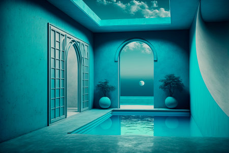 Fictitious futuristic construction. Concrete walls and floors and different decorative architectural elements. Swimming pool integrated in which reflect different elements. Generative AIの素材