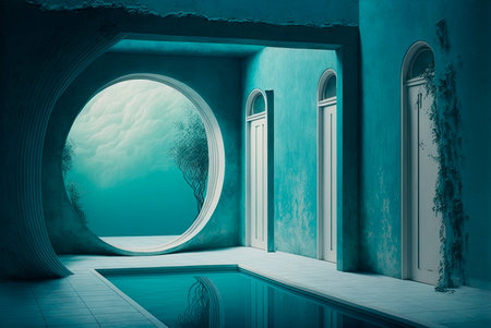 Fictitious futuristic construction. Concrete walls and floors and different decorative architectural elements. Swimming pool integrated in which reflect different elements. Generative AIの素材