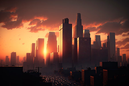 Cityscape at sunset, 3d render. Cityscape at sunsetの素材