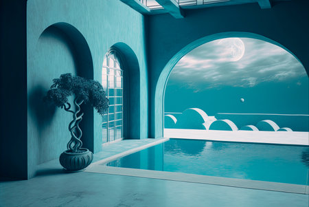 Fictitious futuristic construction. Concrete walls and floors and different decorative architectural elements. Swimming pool integrated in which reflect different elements. Generative AIの素材