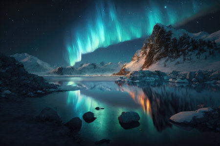 Aurora borealis northern landscape. Generative AIの素材