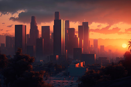 Foggy cityscape at sunset, 3d render illustration.の素材