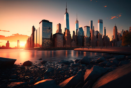 Manhattan skyline, New York at sunset. Generative AIの素材