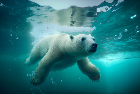 Large polar bear submerged and diving to hunt under water in the ocean. Generative AIの素材