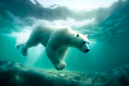 Large polar bear submerged and diving to hunt under water in the ocean. Generative AIの素材
