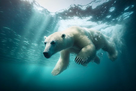 Large polar bear submerged and diving to hunt under water in the ocean. Generative AIの素材
