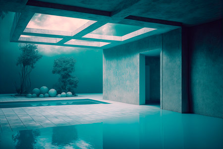 Fictitious futuristic construction. Concrete walls and floors and different decorative architectural elements. Swimming pool integrated in which reflect different elements. Generative AIの素材