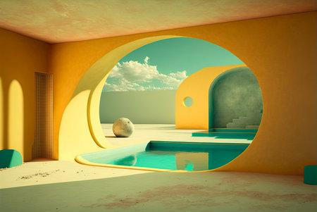 Fictitious futuristic construction. Concrete walls and floors and different decorative architectural elements. Swimming pool integrated in which reflect different elements. Generative AIの素材