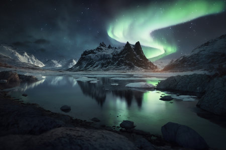 Aurora borealis northern landscape. Generative AIの素材